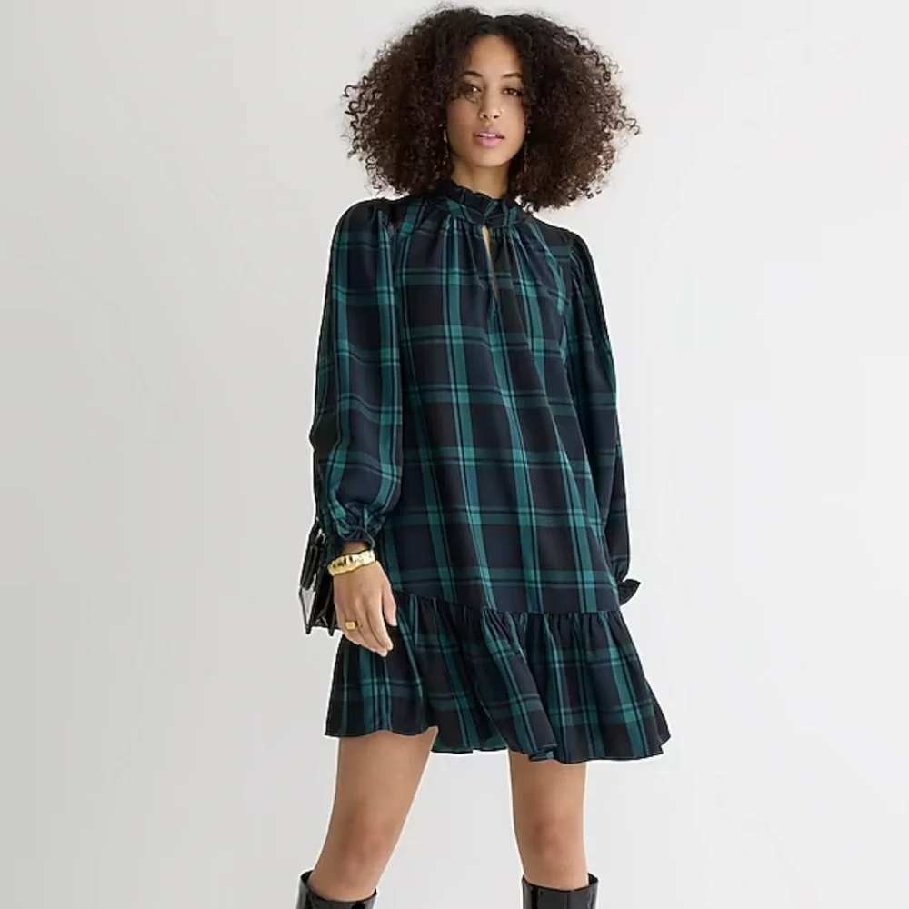 J.Crew‎ BN151 Blackwatch Plaid Ruffle Neck Mini Dress Small Puff Sleeve Tartan